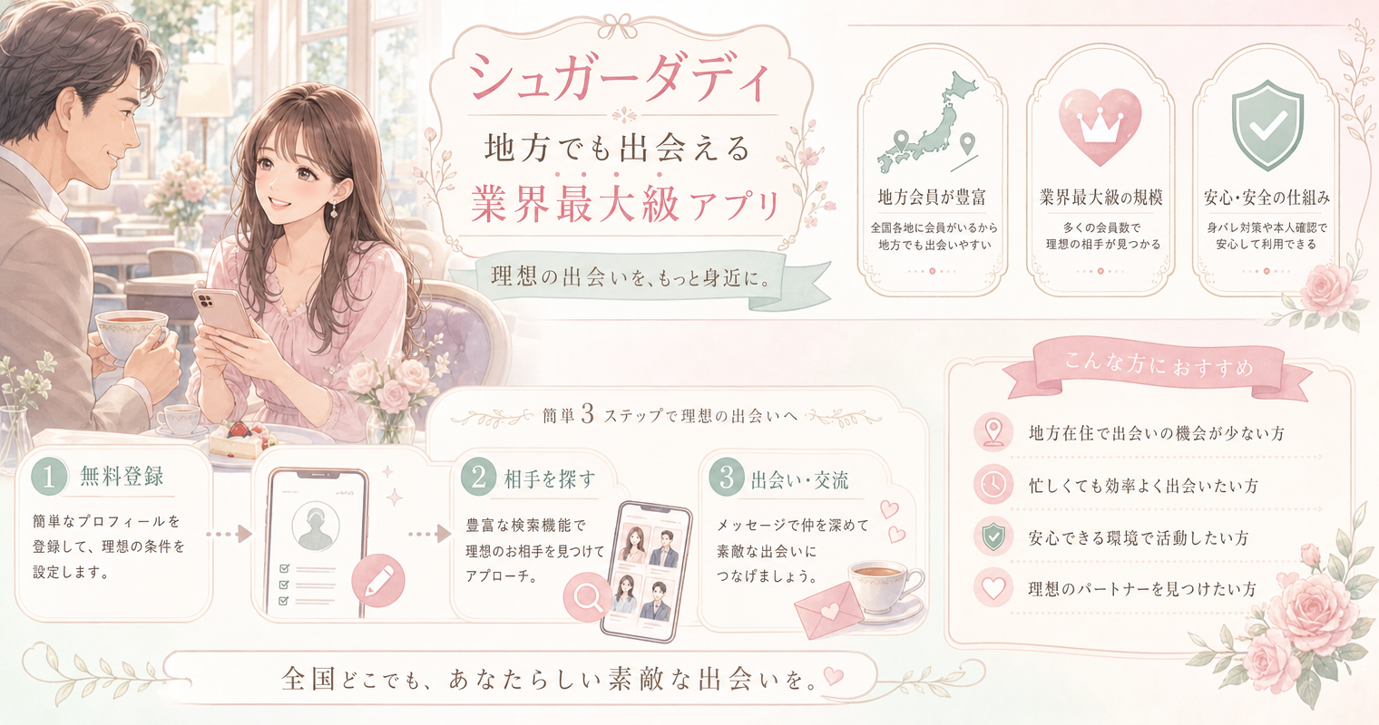 第1位:シュガーダディ、地方でも出会える業界最大級アプリ