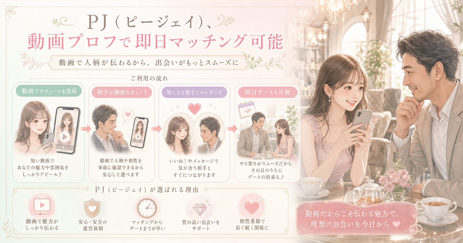 第2位:PJ(ピージェイ)、動画プロフで即日マッチング可能