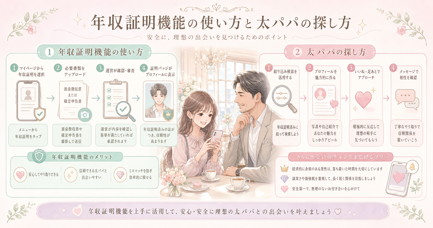年収証明機能の使い方と太パパの探し方